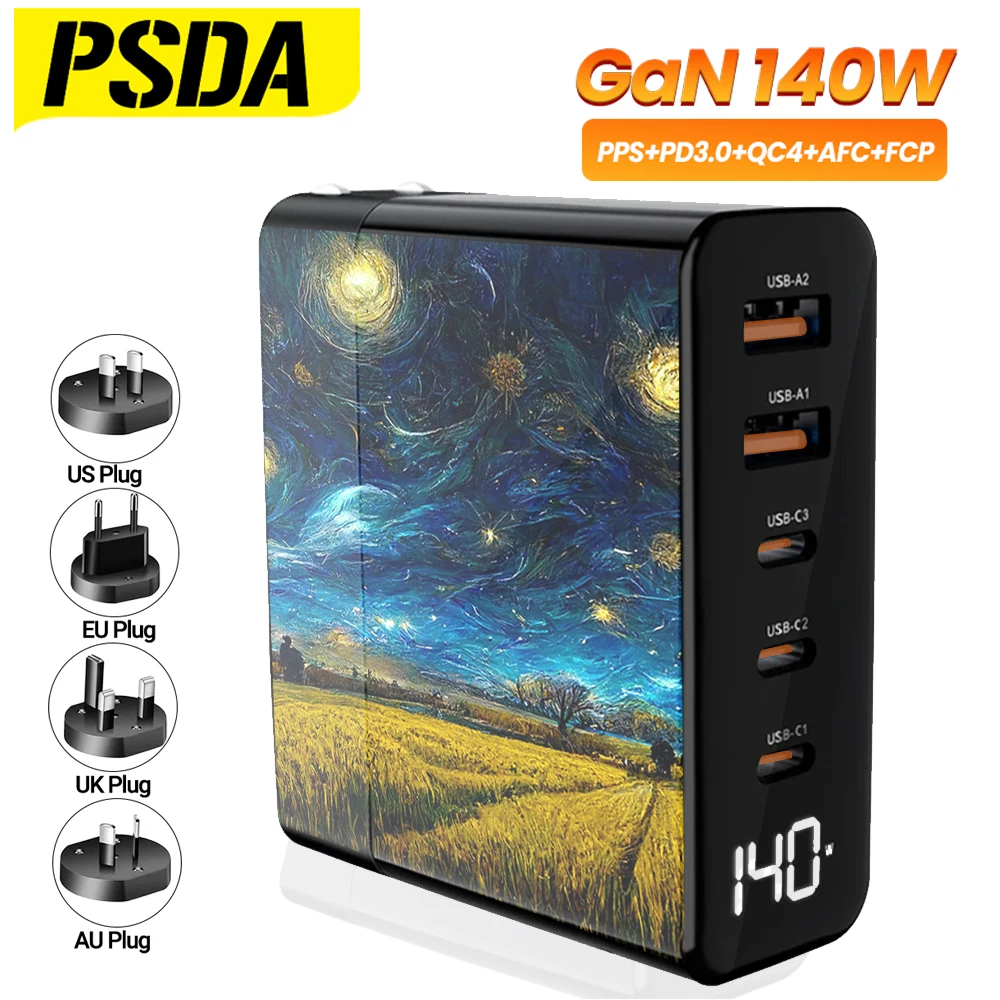 Сетевое зарядное устройство PSDA 3D 140 Вт USB C 5 портов PD 100 Вт PPS45W GaN быстрая зарядная станция дорожный адаптер для ноутбука MacBook iPad iPhone14