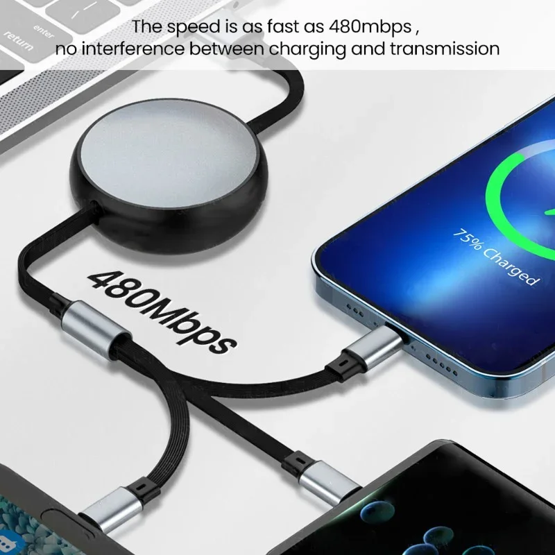3 в 1 выдвижной кабель для быстрой зарядки данных мощностью 100 Вт iPhone 14 USB типа C/Micro