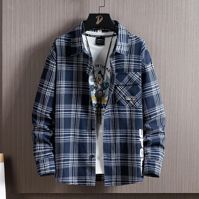 

Brand 2022 Spring Autumn Long Sleeves New Flannel Collar Korea Style Shirts For Men's Plaid Harajuku Clothing