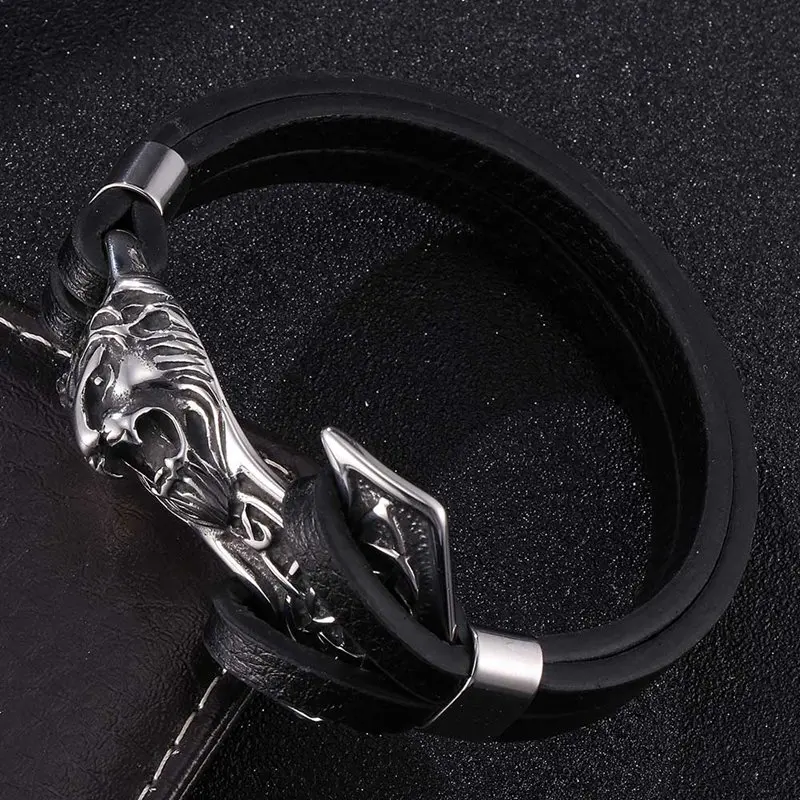 Новые мужские браслеты Лев из нержавеющей стали Якорная Скоба черный кожаный браслет мужской браслет модные ювелирные изделия подарок SP1022