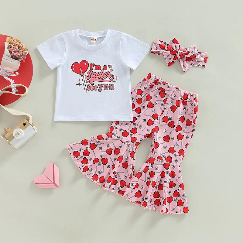 

Valentine Day Clothing Toddler Kid Clothes Girl White Letter Print T-shirt Tops Heart Print Flared Pants Headband Baby Outfits