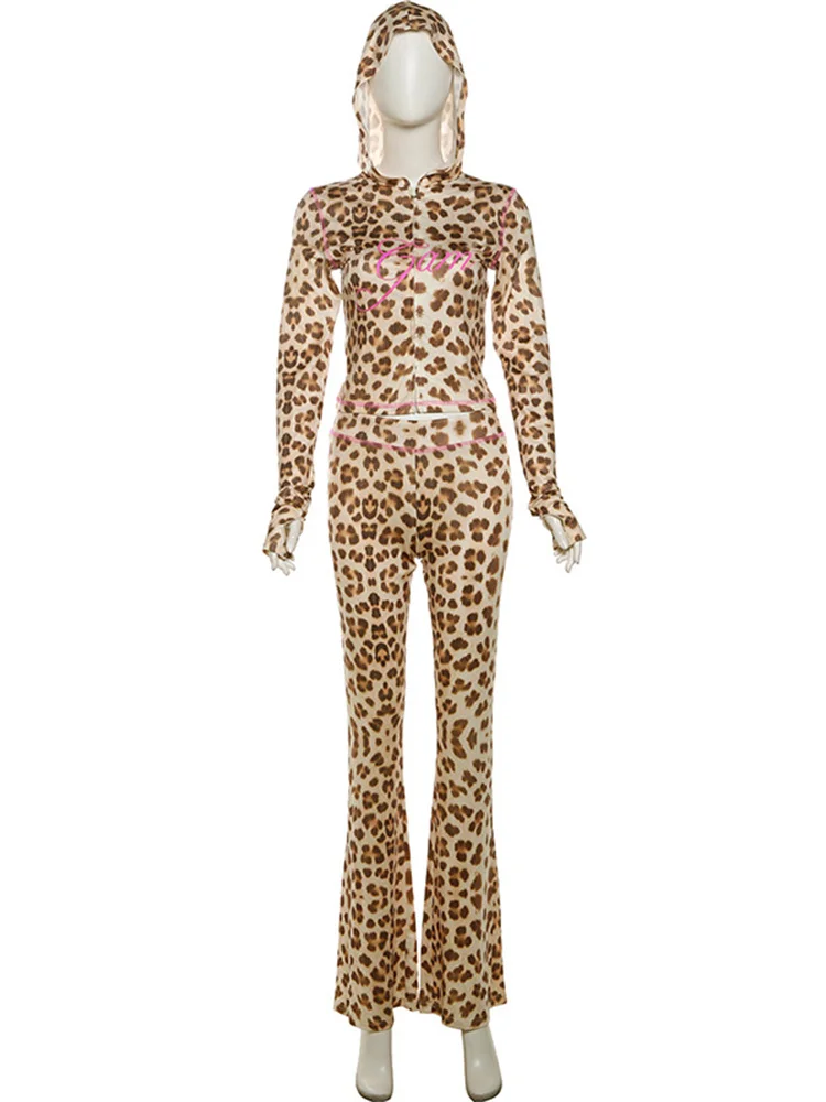 Женский костюм-двойка с леопардовым принтом осенний кардиган капюшоном и брюки