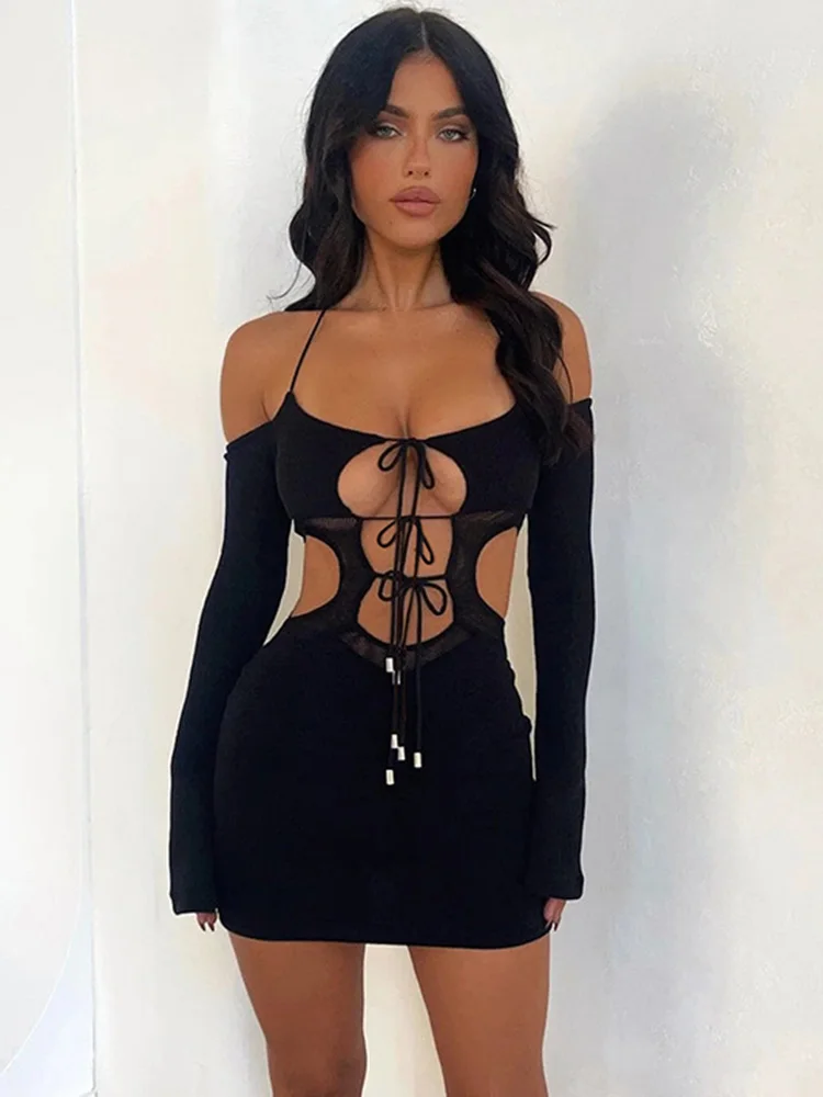 

TEMUSCOLA Off Shoulder Hollow Out Mini Knitted Dress Women Long Sleeve Backless Bodycon Elegant Black Party Club Dresses Female
