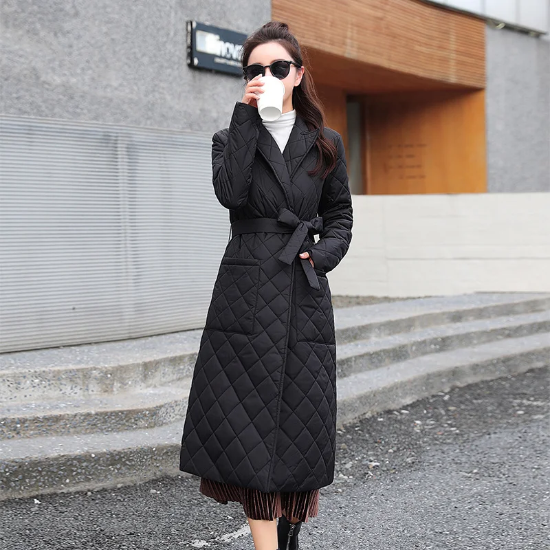 

2022 Casual Loose new Parkas Women Fashion Solid Thick long Coats Women Elegant Tie Belt Cotton Jackets Female Ladies