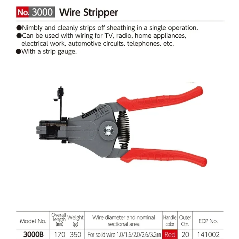 

Автоматический ручной инструмент для зачистки проводов VESSEL No.3000 | Профессиональные плоскогубцы для электрического кабеля, японские инструменты для ремонта, щипцы, электроинструменты