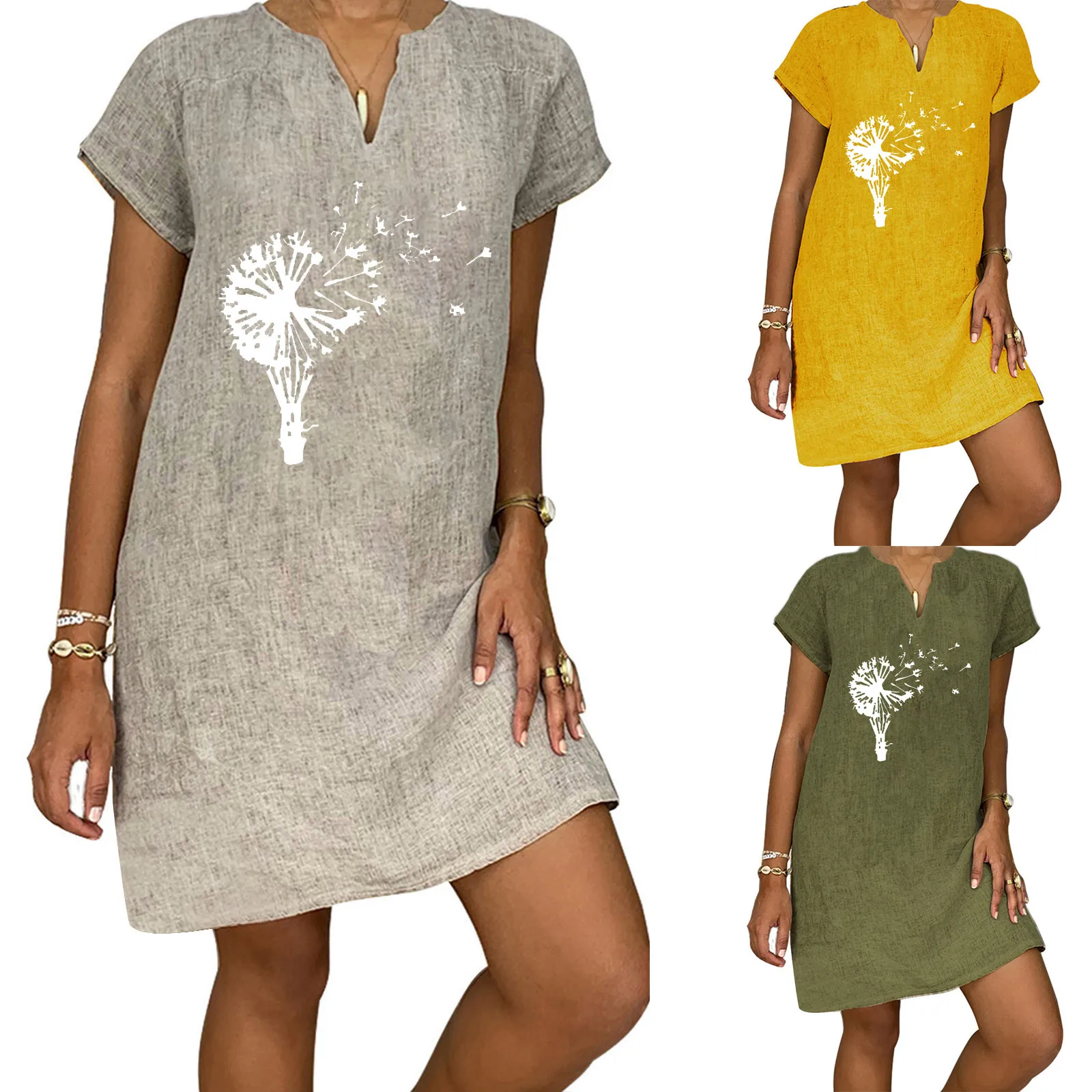 

Сарафан Платья 2022, однотонное платье с коротким рукавом для женщин, женская одежда, 5xl, женское платье, Платья из хлопка и льна с V-образным вы...