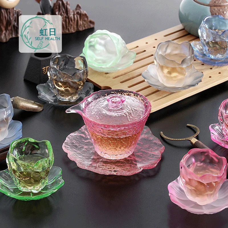 

Japanese-style pink glass cup glass one cup one dish small teacup master cup single cup tea cup Kung Fu tea set frosting