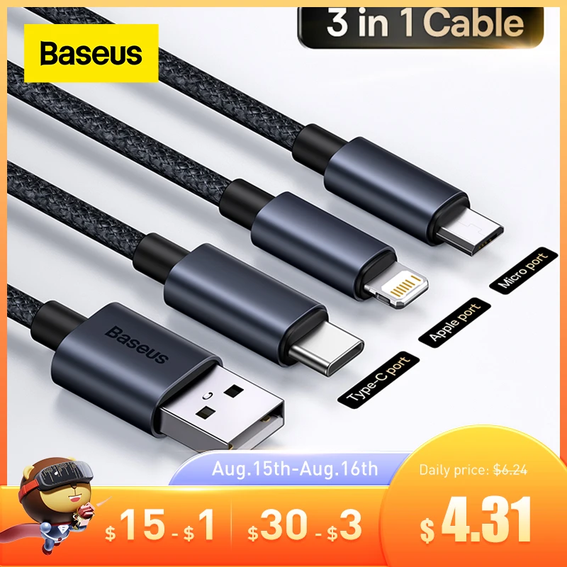 Кабель USB Baseus 3 в 1 кабель типа C для Samsung Xiaomi Mi 9 Huawei iPhone 13 12 11 зарядное устройство