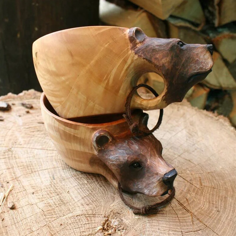 

New High-quality Handmade Wooden Animal Carved Rubber Water Cup with Lanyard Backcountry Camping Gear Coffee Mug Home Decoration