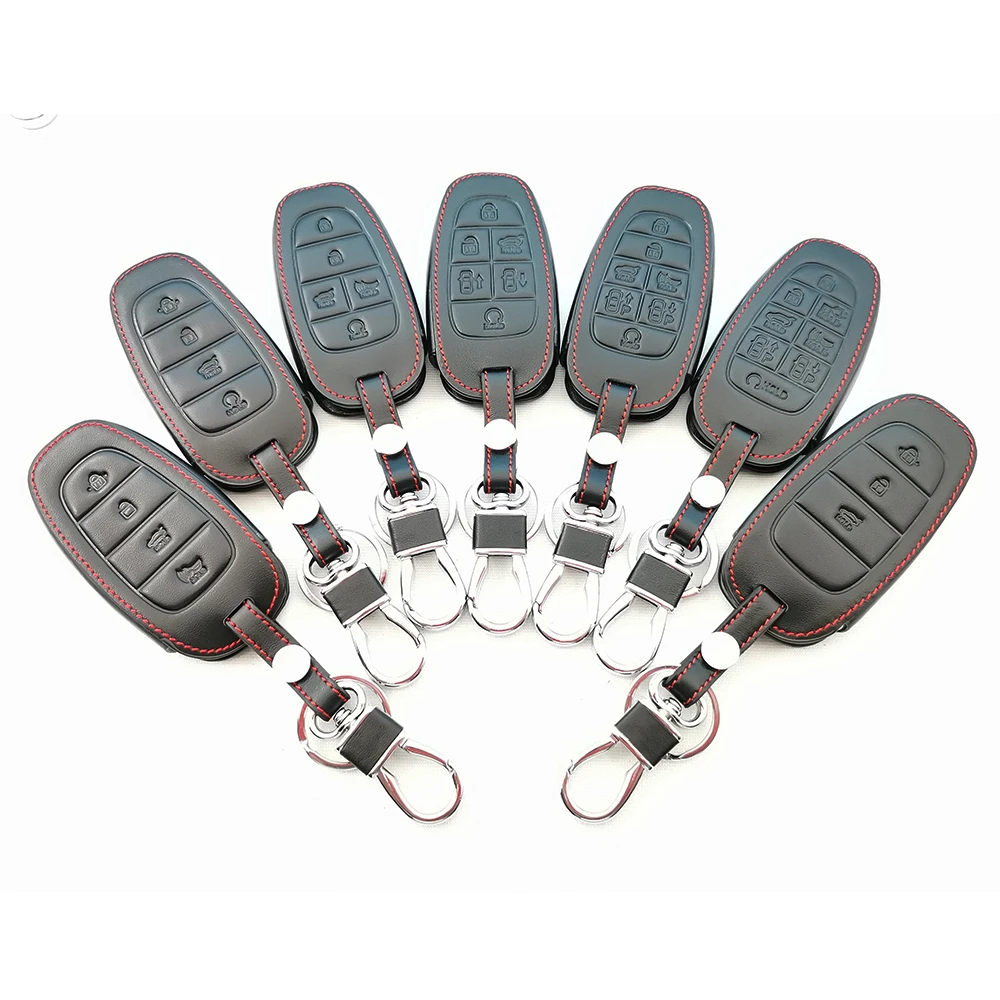 

For Hyundai Sonata Nexo DN8 Santa Fe TM Tucson NX4 Staria Loniq 2020-2021 3 4 5 6 7 8 Buttons 100% Leather Key Fob Case Cover
