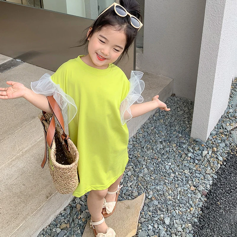 

Summer Girls Dress Baby Tee Dress Kids Dress Children Long T Shirt Clothes Fashion Twisted Mesh Patch Cotton 2-7Y