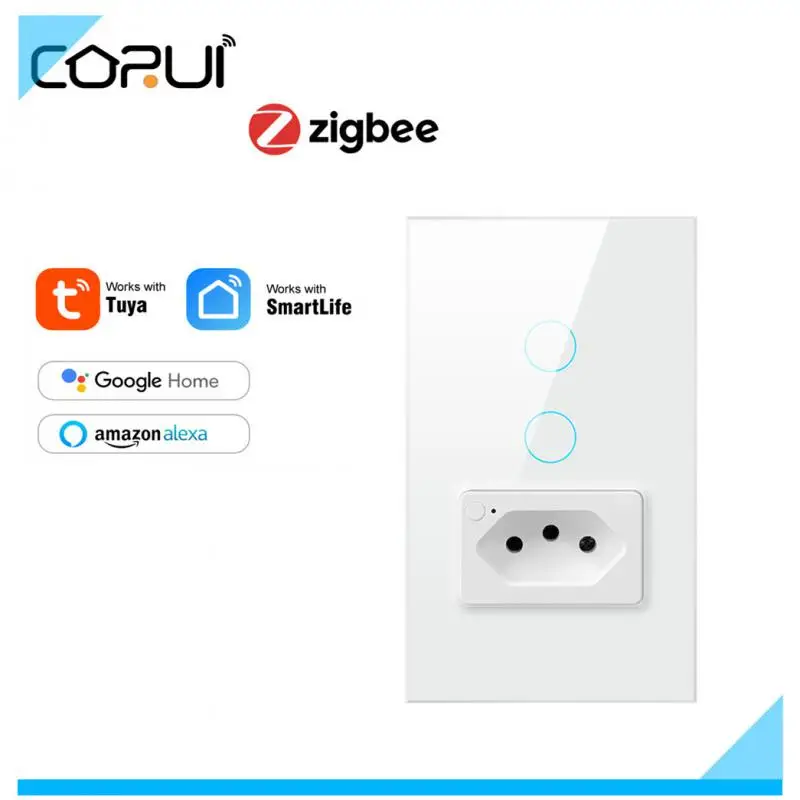 

Умный выключатель CORUI Tuya Zigbee3.0, розетка бразильского стандарта, 4X2, стеклянная панель, дистанционное управление, прерыватель для Alexa Google Home