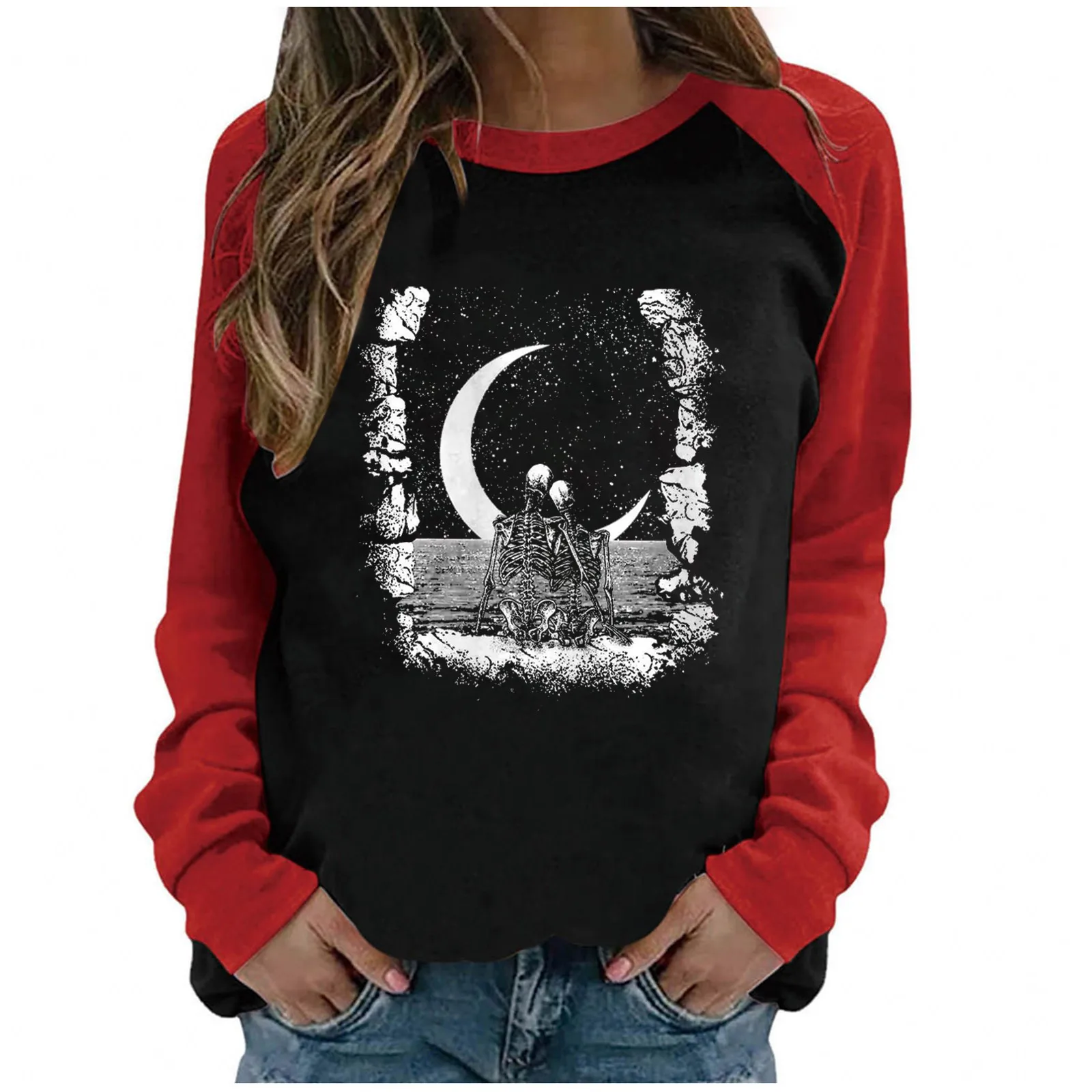 

2022 New Skull Print Hoodies Women Autumn Casual Halloween Loose Abstract Long Sleeve Sweatshirts Hoodies O Neck Pullover Tops