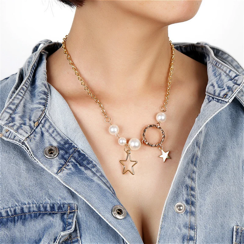 

Elegant Fashion Pearl Circle Star Pendant Necklace Jewelry Trendy 2022 Gold Color Chain Choker Necklace For Women