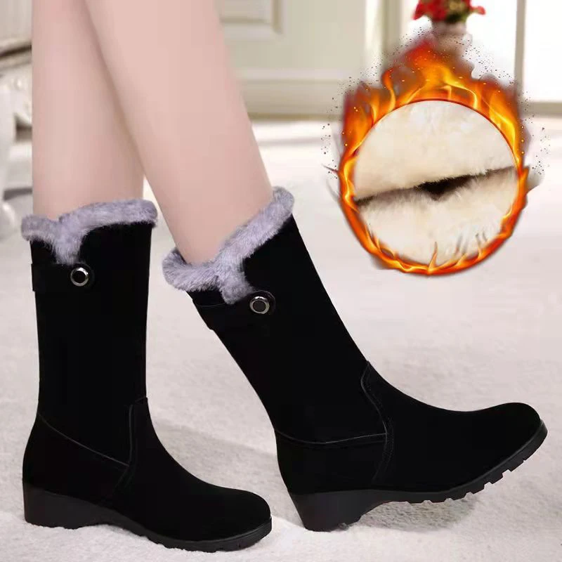 High Boots Women Warm Plush Suede Ladies Long Boots Comfortable Winter Female Wedge Cotton Shoes Mid-calf Fur Zapatos Mujer 2022