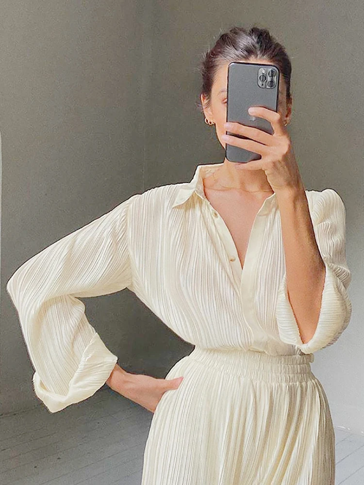 

Женские повседневные рубашки, винтажные плиссированные блузки с расклешенными рукавами, осенние женские шикарные топы, офисные женские 2022,...