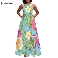 jackherelook oil palm leaves with flowers pattern sleeveless beach maxi dress for women ladies long dress party maxi dresses new