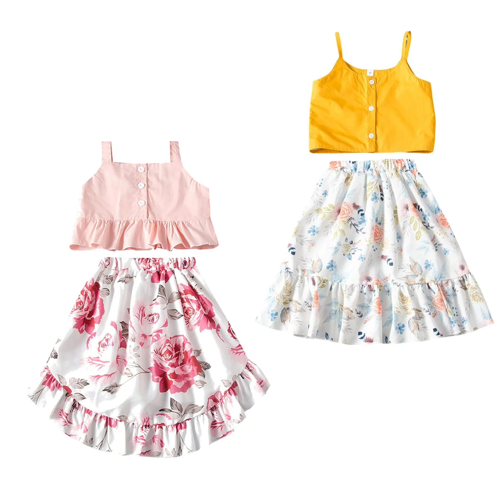 

Emmababy Summer 0-7Y Baby Girl 2Pcs Set Sleeveless Single Breasted Crop Top+Floral Print Ruffled Skirt Children Clothes Set