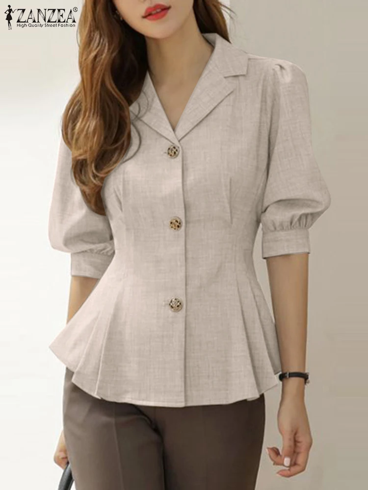 

Женская Повседневная рубашка ZANZEA, Женский винтажный Топ, летняя блузка с полурукавами и отворотом, женская Стильная Офисная элегантная рубашка на пуговицах