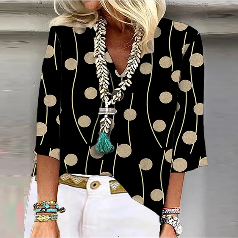 Женская футболка с принтом листьев Повседневная Свободная V-образным вырезом и