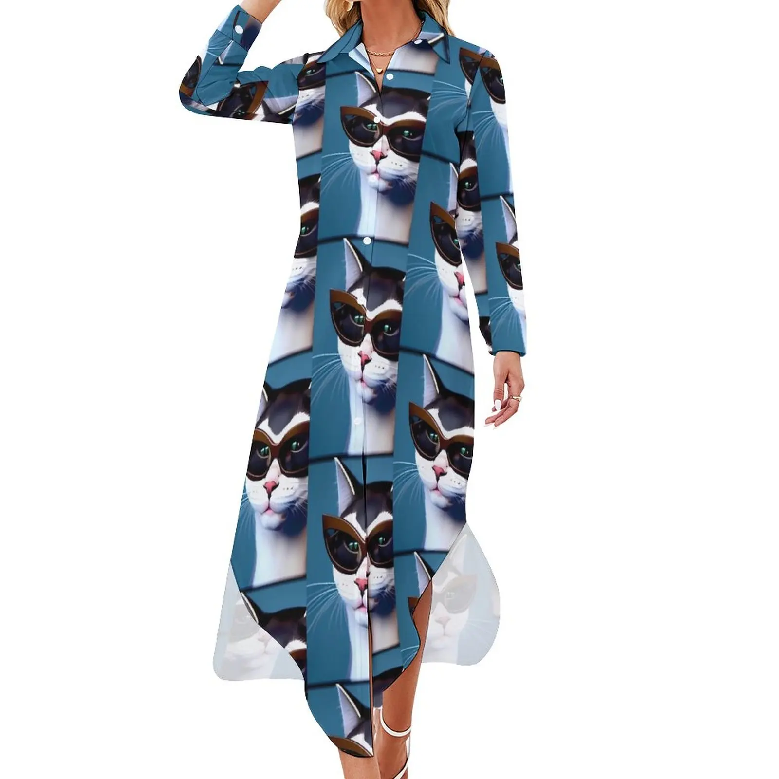 

Funky Glasses Casual Dress Funny Cat Face Street Wear Dresses Long Sleeve Vintage Ladies V Neck Graphic Oversize Chiffon Dress