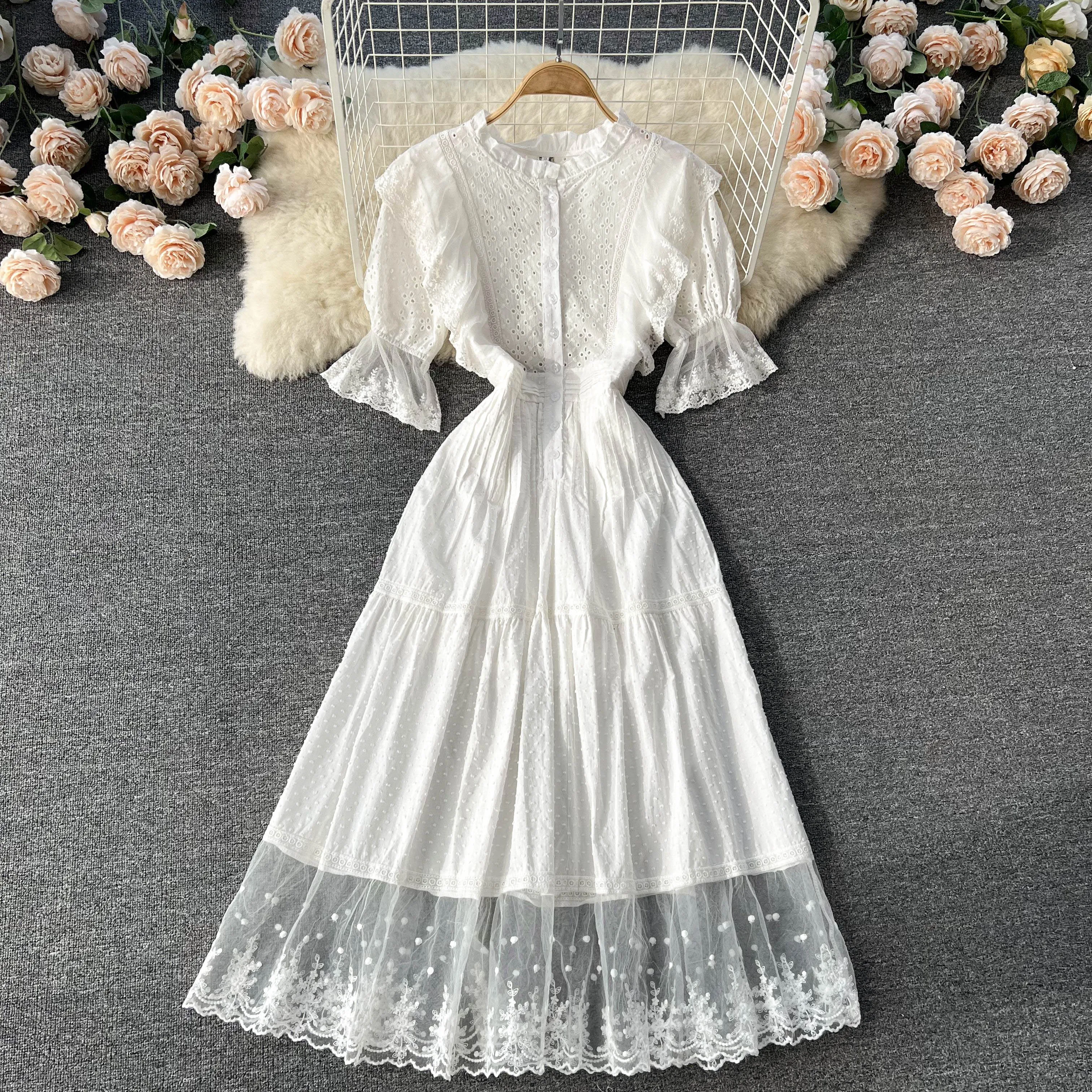 

D193 Women New Fashion Summer Round Neck Ruffled Short Sleeve A-line White Dress Elegant Vintage Vestidos