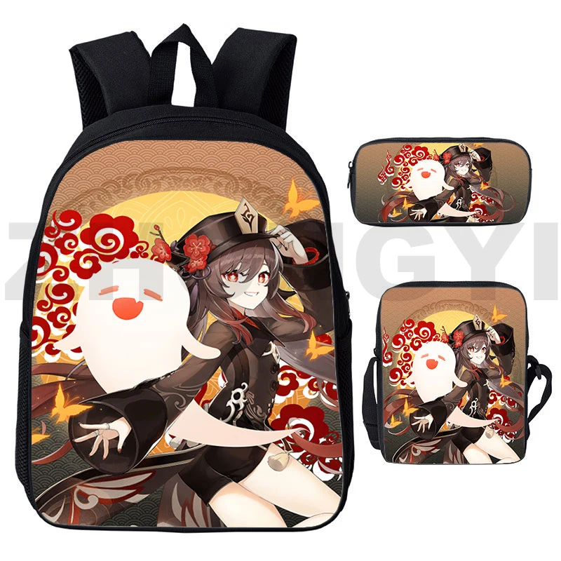 

Harajuku 3D Genshin Impact Backpack 3 шт./компл., милый черный мужской рюкзак, 12/16 дюймов, модный холщовый школьный портфель для мальчиков
