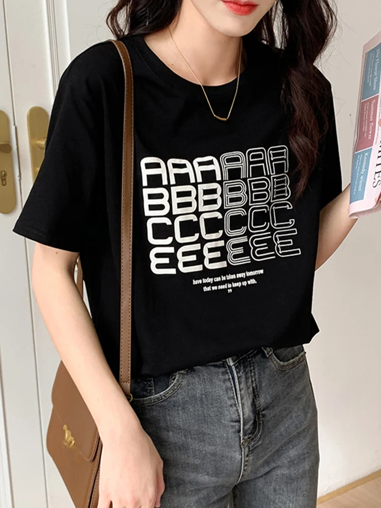 

T-shirt Tshirt Clothes Cotto White 2022 Women Letter Funny New Fashion Summer Lady Print Tee Stylish Top Short Sleeve Tops Black