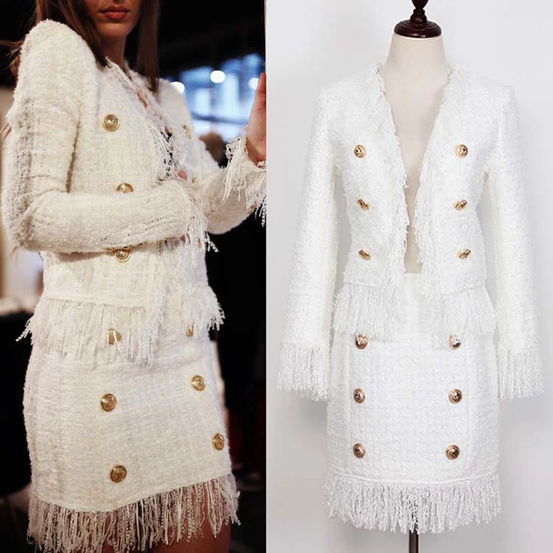 White Twin Sets  2 Pcs Wool Tassel Women Dress  Double-Breasted White Color Lady Straight Winter Dresses Clothing Vestidos