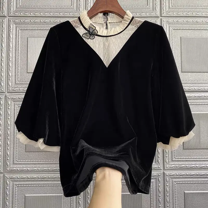 

Ruffles Lace Patchwork Velvet Women Blouse Summer Black Loose Half Sleeved Elegant Female Pulls Outwear Tops