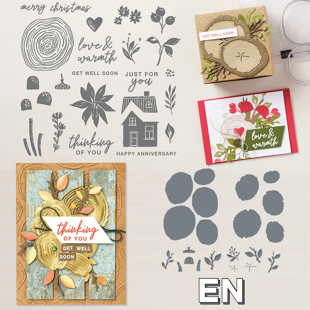 

2022 New Pattern Tree Rings Christmas Clear Stamps Sets House Flowers and Leaves Metal Cutting Dies for Greeting Card Making