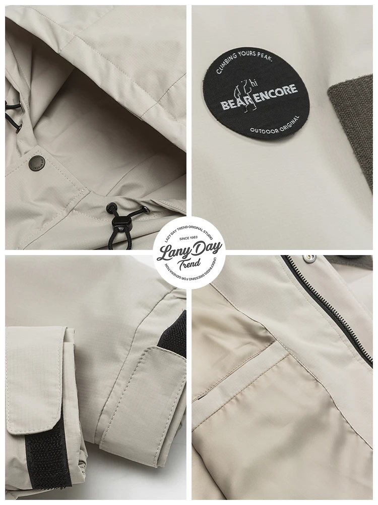 Lazy Day Original Men's Mountaineering Outdoor Embroidery Label Cargo Hood Jacket Loose Outerwear