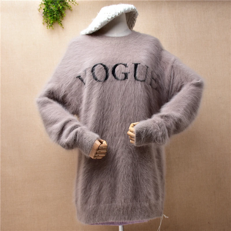 

04 женское осенне-зимнее вязаное платье-свитер с длинными рукавами и круглым вырезом из ангорской шерсти