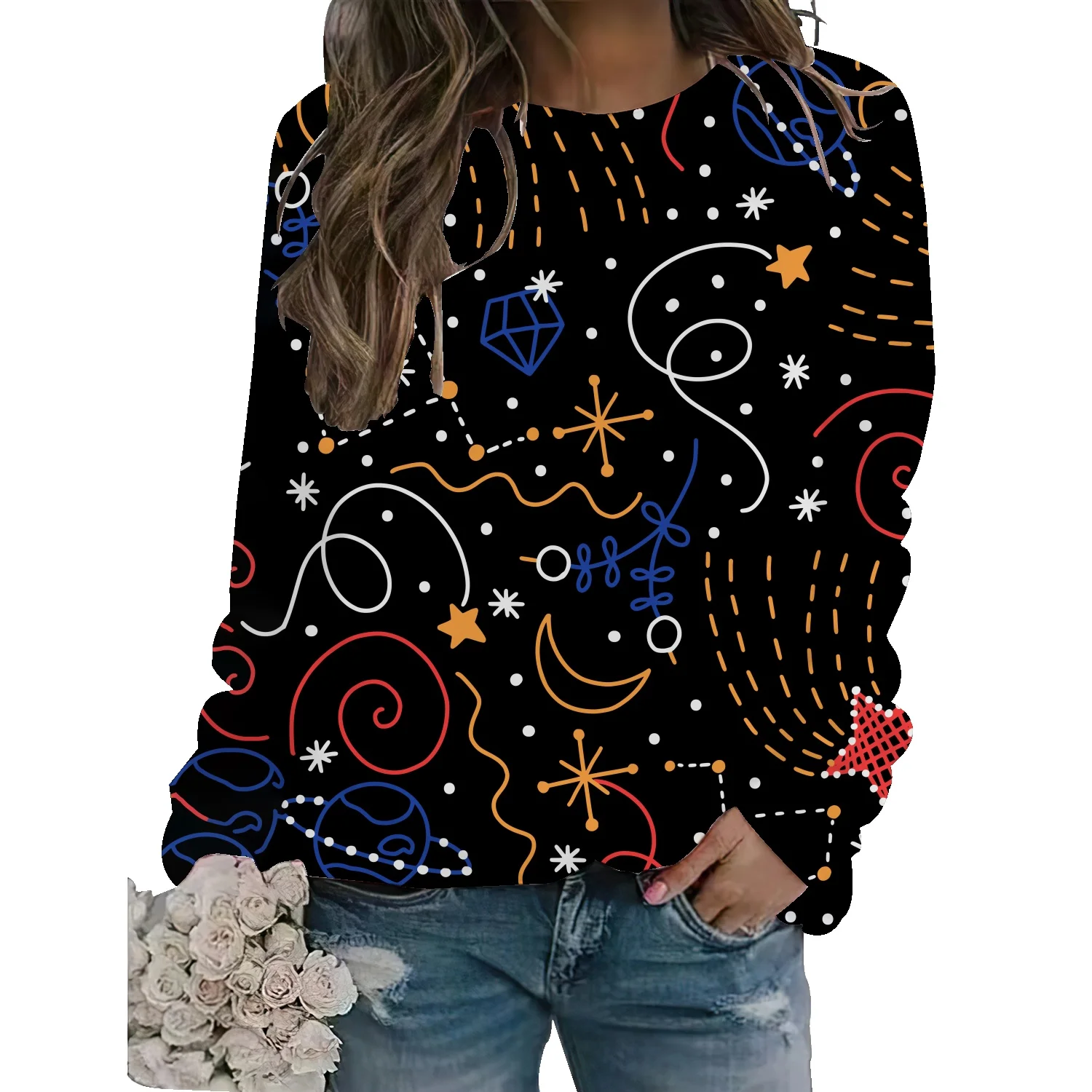 

Space technology autumn and winter new oversize sweater women's round neck American retro print loose long-sleeved top trendy