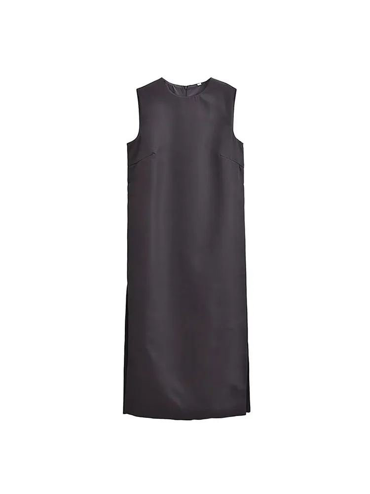 

ZADATA New Women's Fashion Casual Versatile Solid Color Simple Elegant Retro Loose Sleeveless Commuting Dress