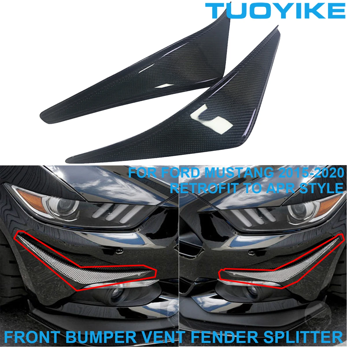 

2x Real Carbon Fiber Front Bumper Vent Fender Splitter Air Intake Decoration Trim For Ford Mustang Retrofit APR Style 2015-2020