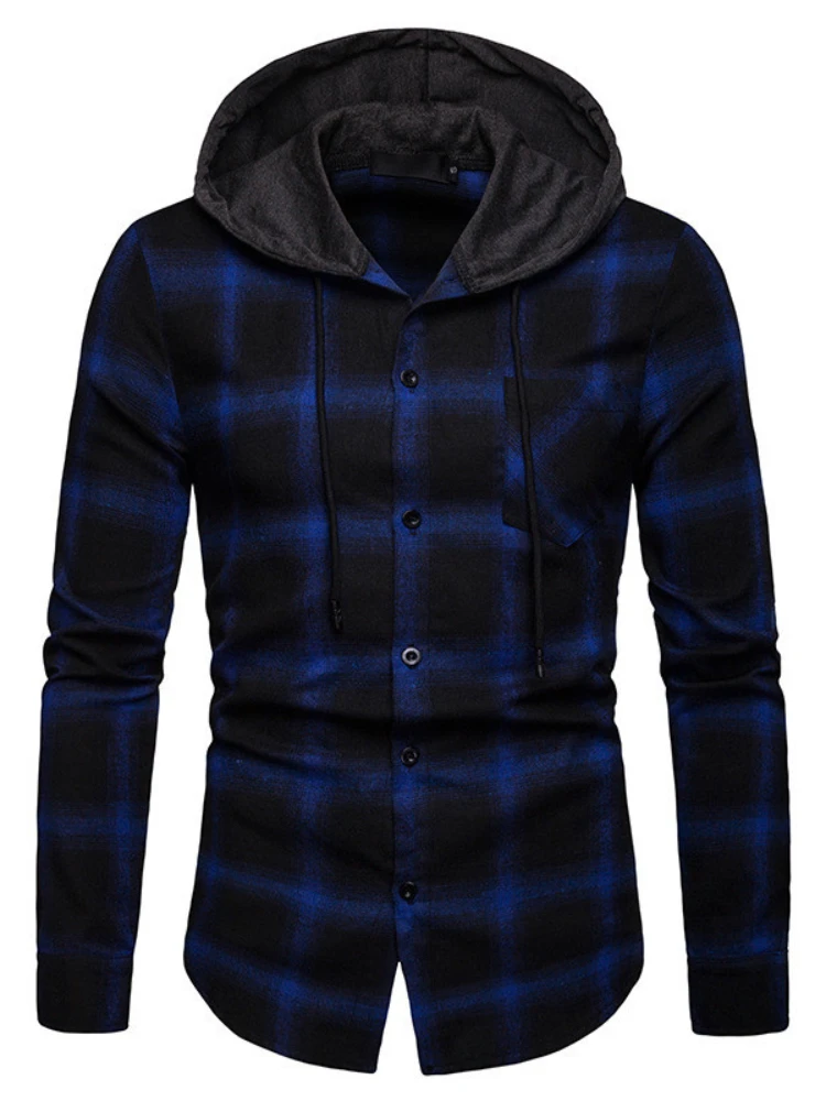 2022 Spring European Size Men's Business Shirts Fashion Plaid Shirts Casual Long Sleeve Shirts Hooded Jackets Fashion Men
