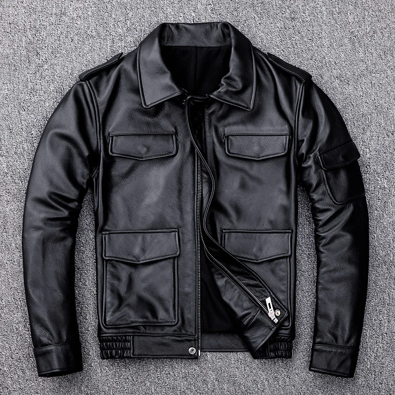 

100% Cowhide Genuine Men Thick Military M65 Motocycle Real Cow Leather Outwear Male Coat Pilot Bomber Jacket 5XL