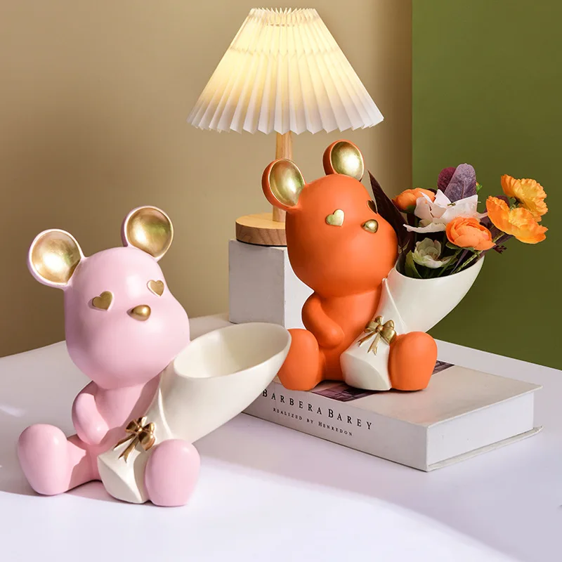 

Resin Crafts Holding Flower Bear Decoration Animal Ornament Home Living Room Entrance Décor Accessories Modern