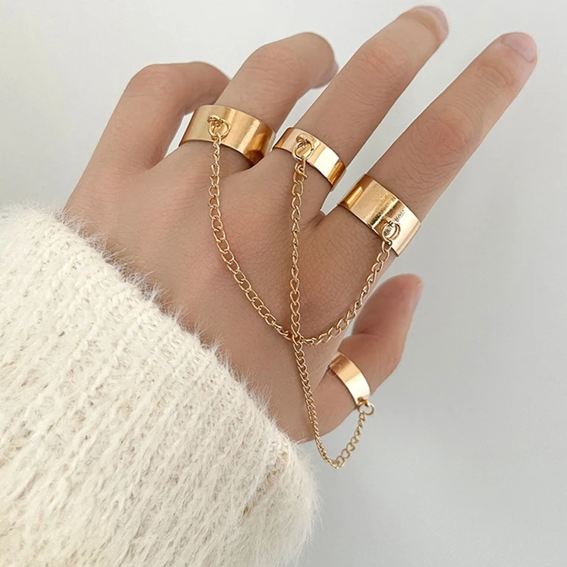 

Punk Geometric Silver / Gold Color Chain Wrist Bracelet For Men Women Ring Charm Set Fashion Jewelry Gifts