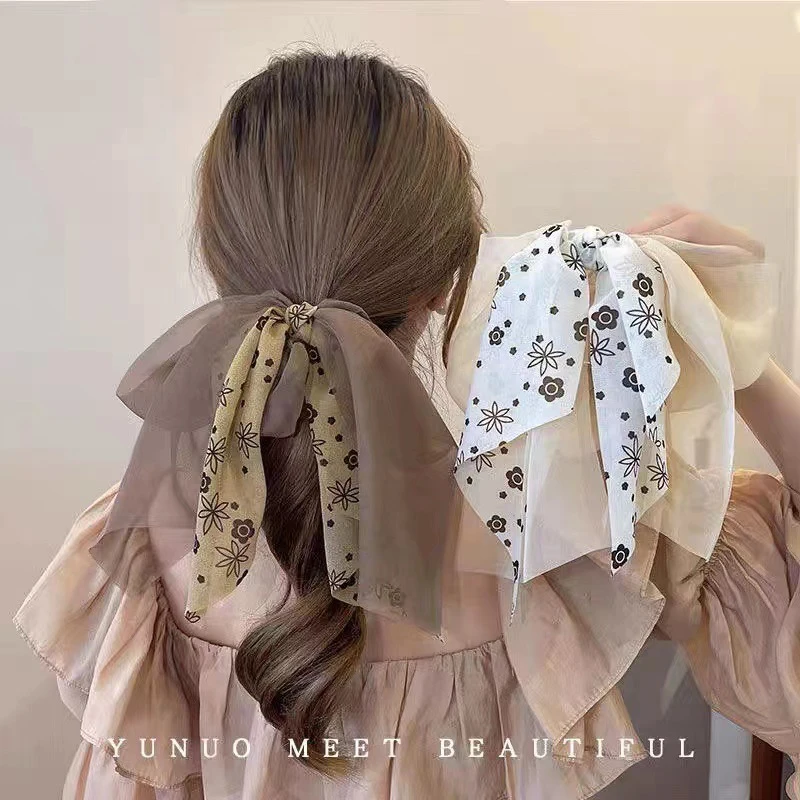 

Elegant Chiffon Ribbon Hair Scrunchies Solid Color Floral Elastic Hair Bands Multi-layer Gauze Bow Hair Rope Hair Accessories