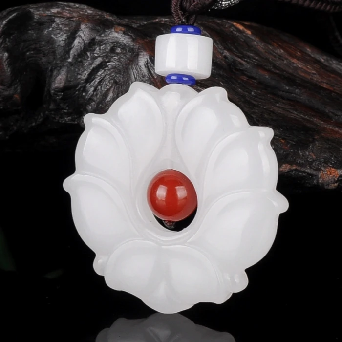 

Hetian jade lotus pendant white jade snow lotus pendant women's jade pendant sweater chain flowers blooming rich jade pendant