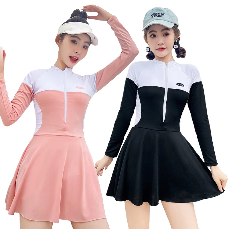 

Long Sleeve Rash Guards For Women One Piece Swimsuits Skirt Zipper Sports Swimwear Dress High Neck Monokini Black Surfing Suits