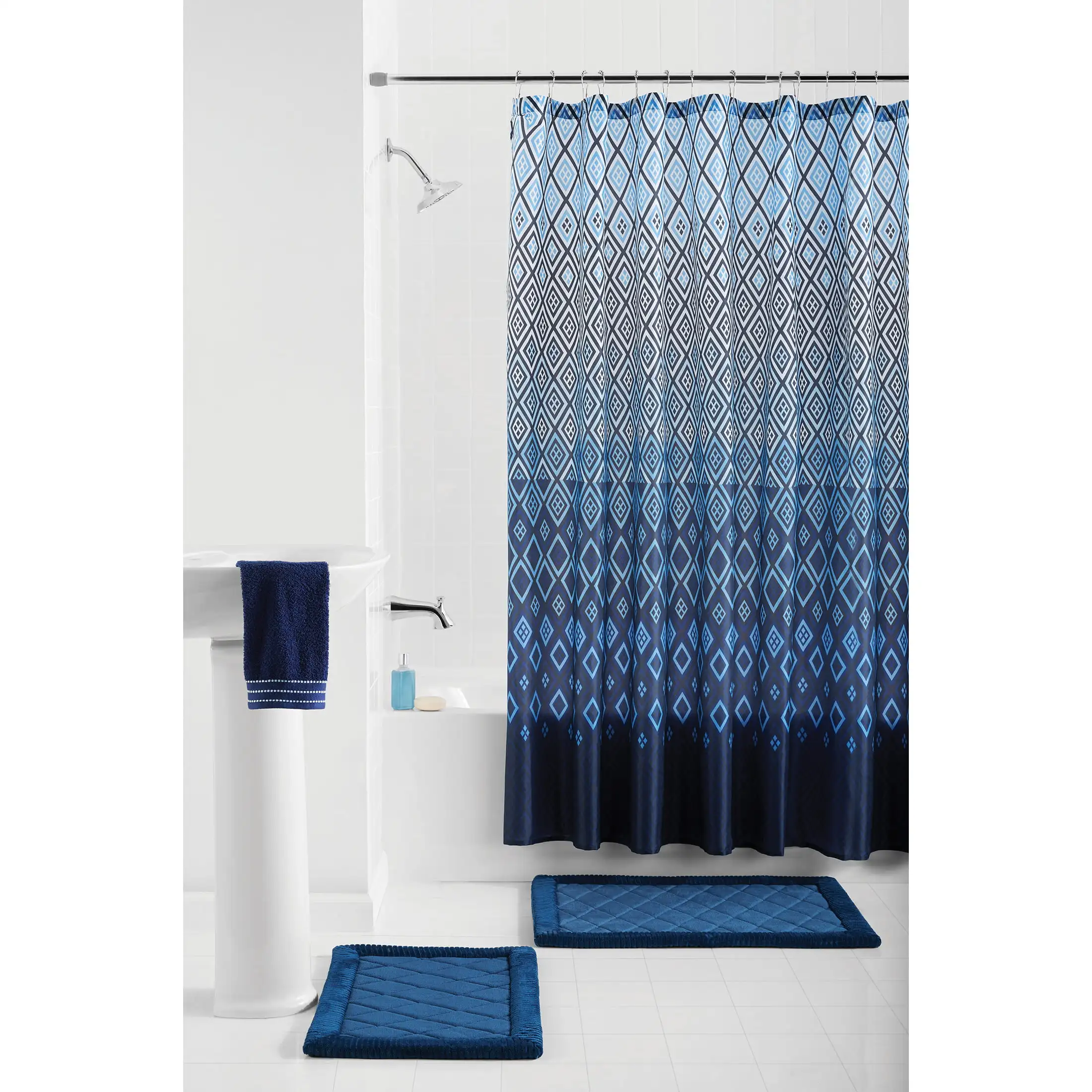

Stockholm 15-Piece Geometric Polyester Shower Curtain Set, Navy