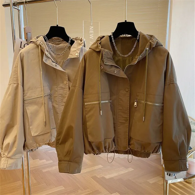 

Женская куртка с капюшоном, Повседневная Свободная короткая куртка с длинным рукавом, верхняя одежда в Корейском стиле, весна-осень 2023