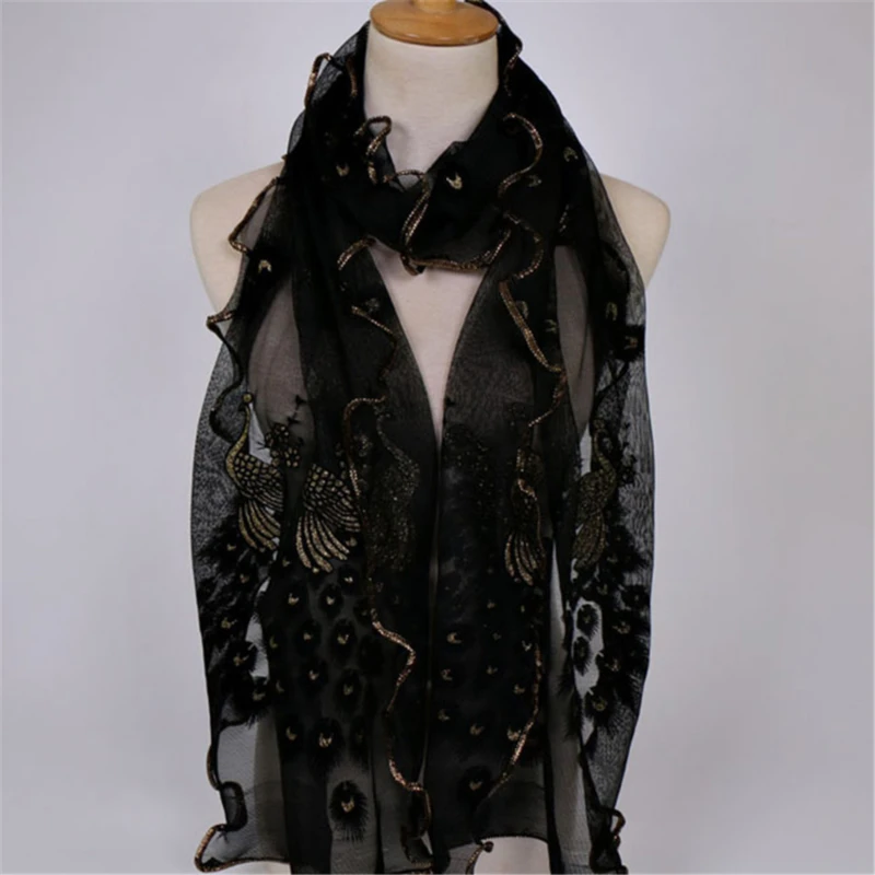 New Design Women Chiffon Peacock Feather Flower Embroidered Lace Stylish Scarf Long Soft Wrap Shawl Ladies |
