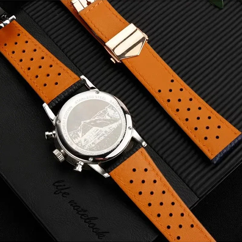Фото Ремешок для часов TAG Heuer Monaco Carrara CAW211M 211P CAW211R 211T, дышащий, 22 мм, из коровьей кожи, мужской, с раскладывающейся застежкой. №5