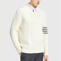 tb thom mens classic solid v neck sweater wool cable knit classic 4 bar striped long shleeve coat lightweight sweaters for men