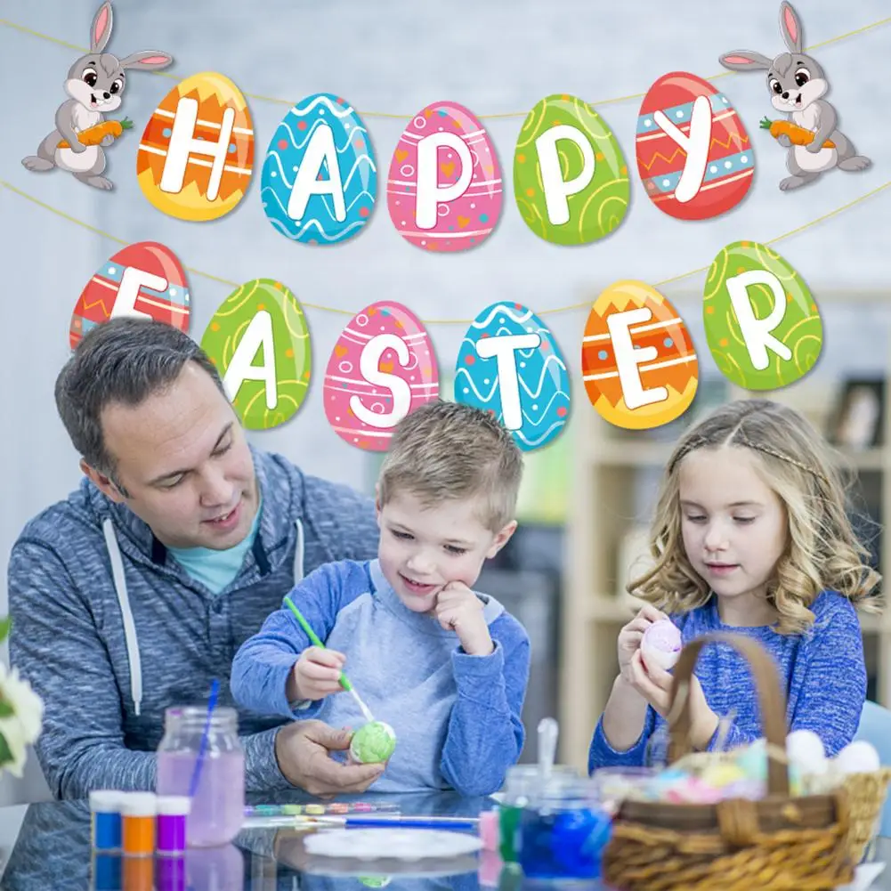 

Happy Easter Banner Bunny Egg Easter Hanging Garland Home Bunting Flags Easter Decorations for Home Kids Easter Backdrop Banner