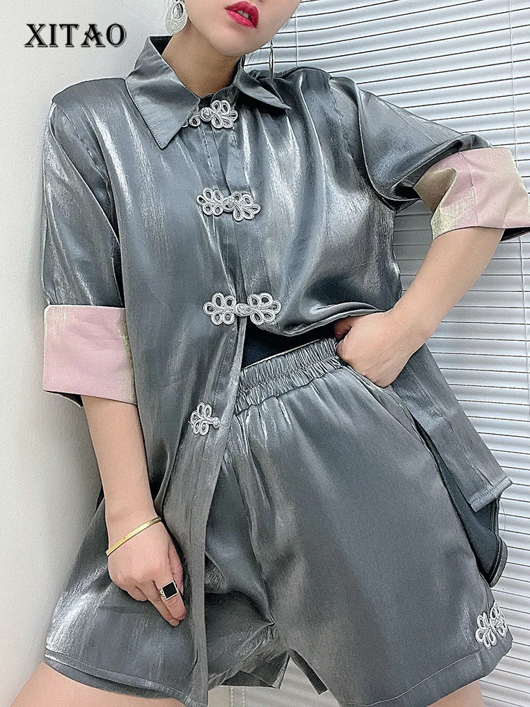 

XITAO Button Tang Suit Two Pieces Set Vintage Single Breast Top Elastic Waist Shorts Minority Elegant 2022 Summer WMD6435